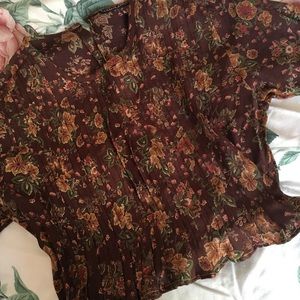 VINTAGE REWORKED BROWN FLORAL PLEATED TIE BACK TOP